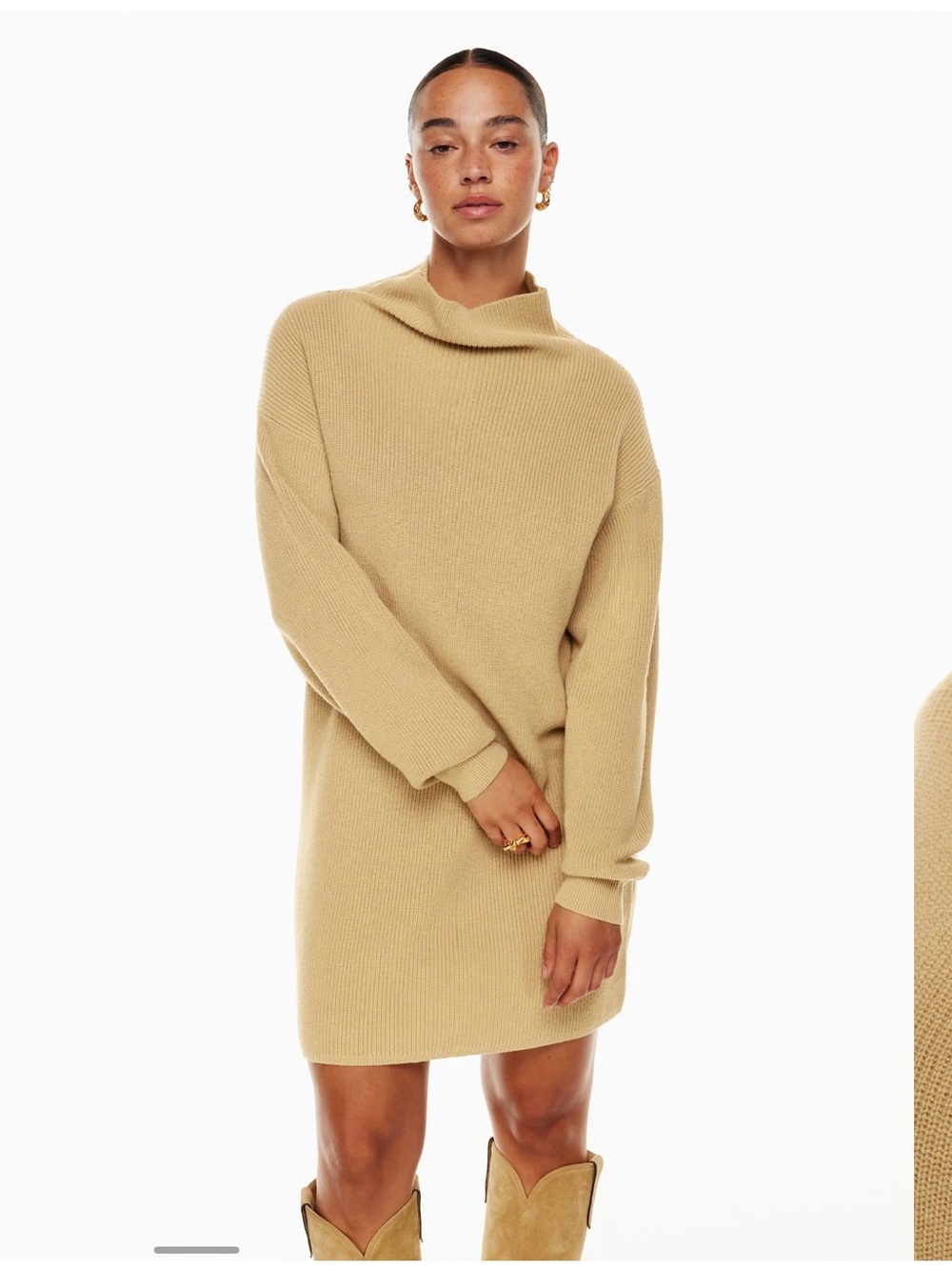 Wilfred Tan Knit Cowl Neck Sweater Dress